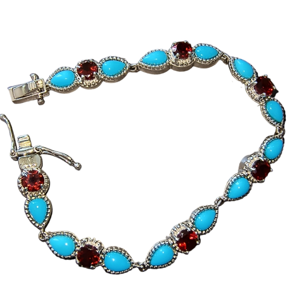 Sleeping Beauty Turquoise, Garnet & Sterling Silver Statement Bracelet